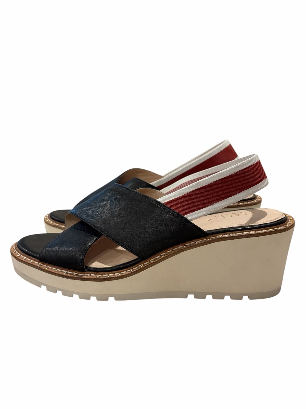 CECELIA NEW YORK Black Leather Wedge Sandals with Red & White Sling